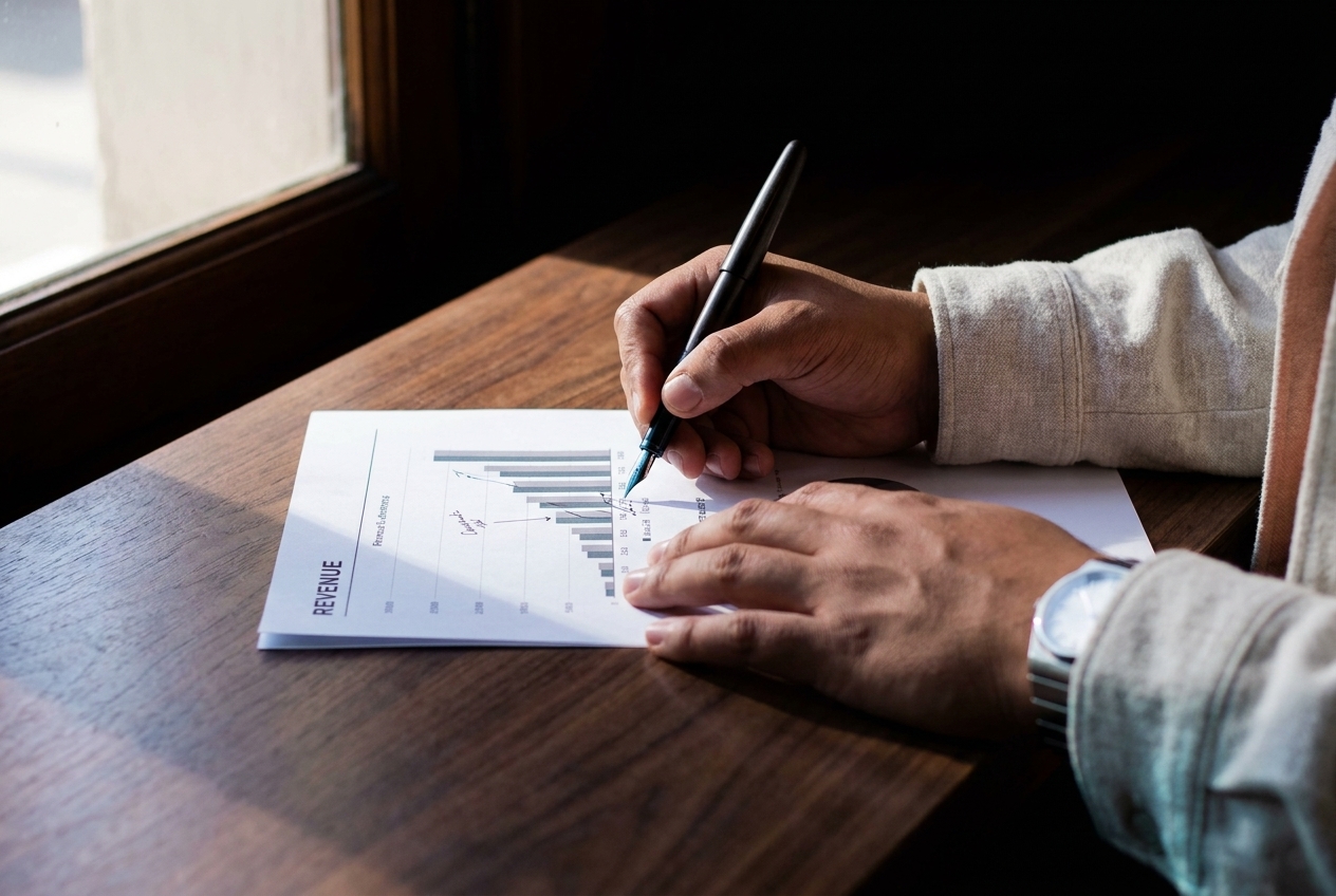 Hands annotating a printed revenue chart with a fountain pen on a walnut table